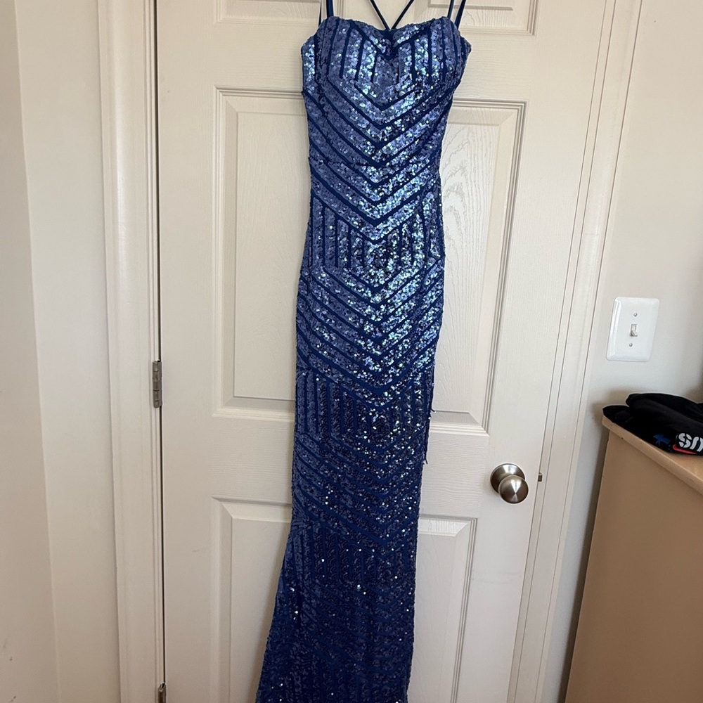 City Triangles Blue Sequin Fringe Gown | Lace-Up Back | Size 5